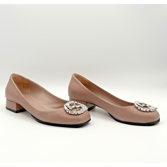 Gucci Nappa Crystal Interlocking G Low Heel Pumps Pink/Nude Leather Sz EU 35.5 - Picture 12 of 15